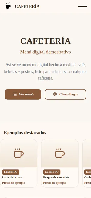 Vista móvil del menú QR para una cafetería